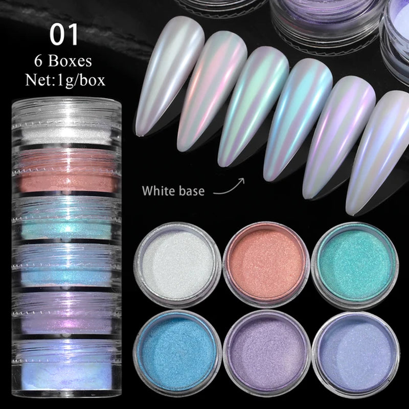 Pearl Nail Powder Mirror Nail Glitter Powder Metal Effect Pigment Colorful Fine Rubbing Dust Metallic Chrome Manicure 6 Box/Set
