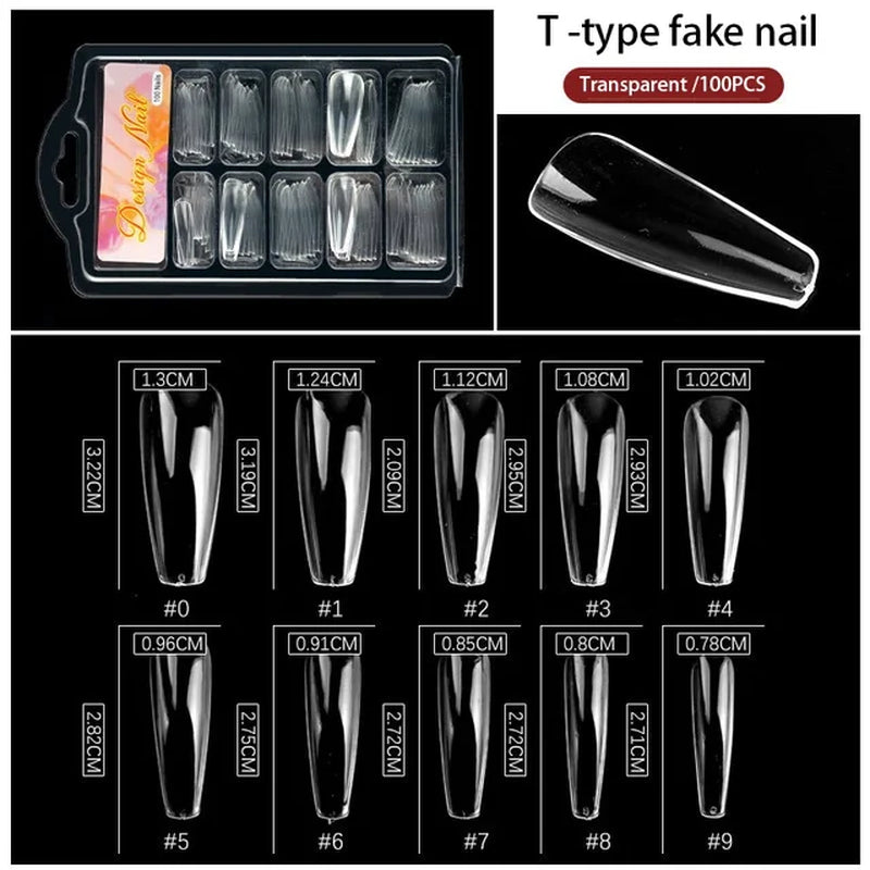 Clear Transparent Seamless Fake Nails Full Coverage False Nails Tips Short T-Shaped 100Pcs/Box