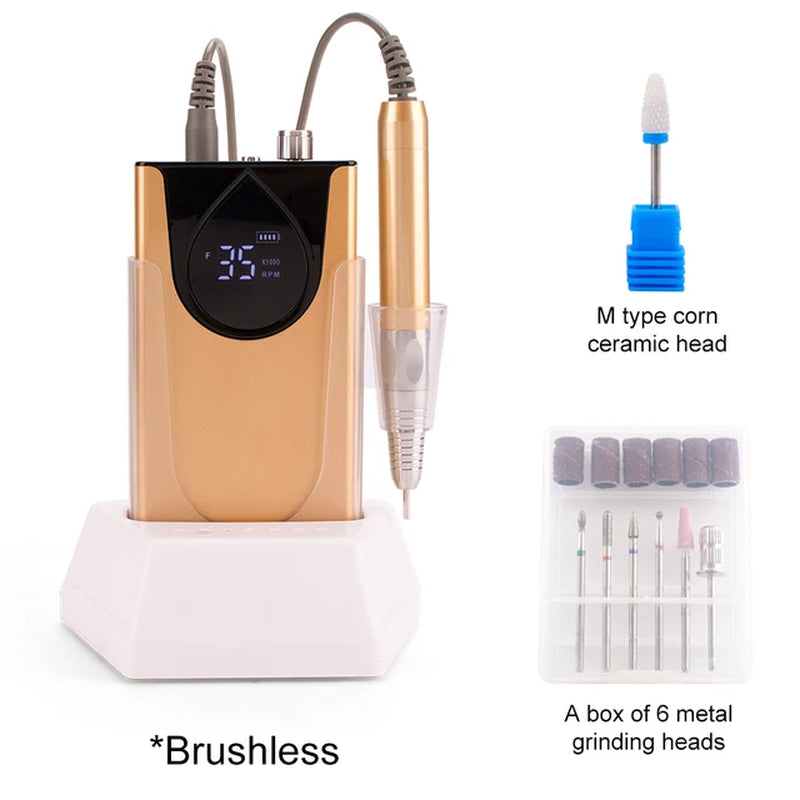 Brushless 35K Portable Nail Drill with Desktop Base Cordless Battery Drilling Machine Wireless 35000 RPM Handle Aluminum Alloy