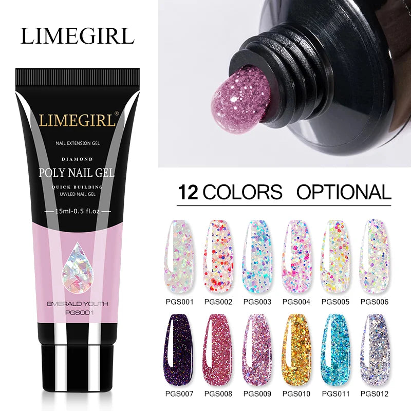 Glitter Poly Nail Gel Extension 15g Gel Polish All for Manicure Poly Building Nail Gel Semi Permanent Soak off Nail Art