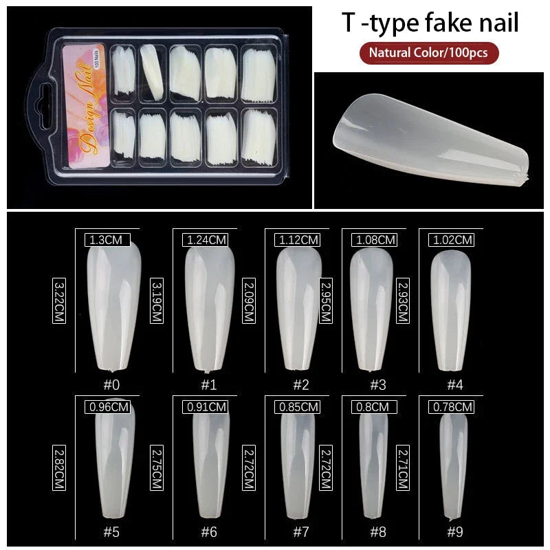 Clear Transparent Seamless Fake Nails Full Coverage False Nails Tips Short T-Shaped 100Pcs/Box