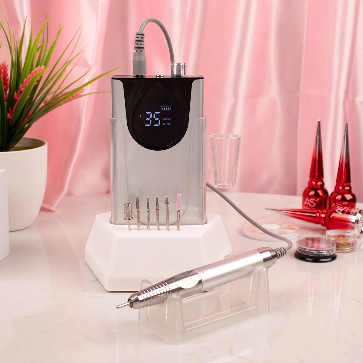 Brushless 35K Portable Nail Drill with Desktop Base Cordless Battery Drilling Machine Wireless 35000 RPM Handle Aluminum Alloy