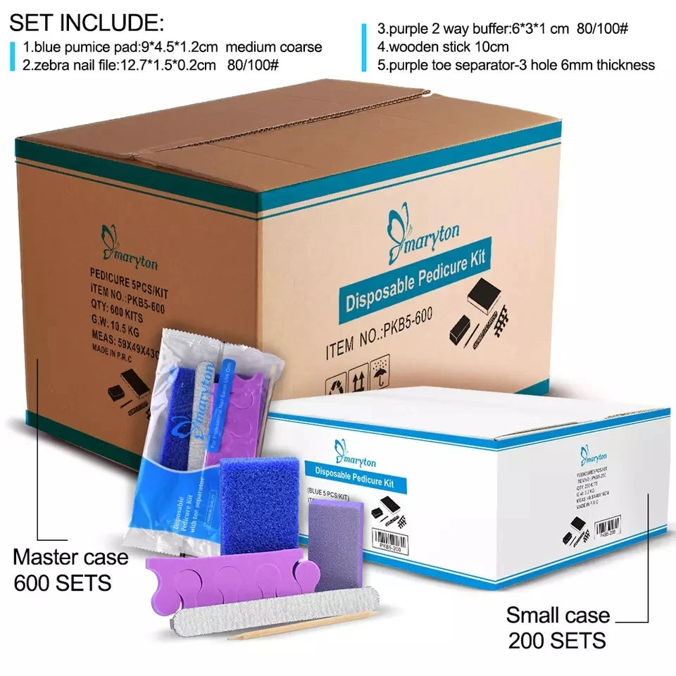 600 Sets/Carton Disposable 5Pcs Disposal Pedicura Kit for Professional Nail Salon Tools Cuticle Wood Stick