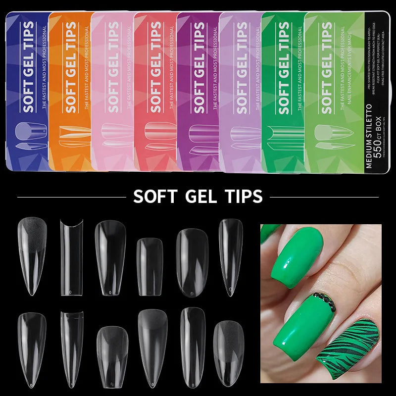Artificial Nail Soft Gel Tips Clear Acrylic Long Fake Nails Capsules Almond French Coffin Full Half Cover Nail Tips