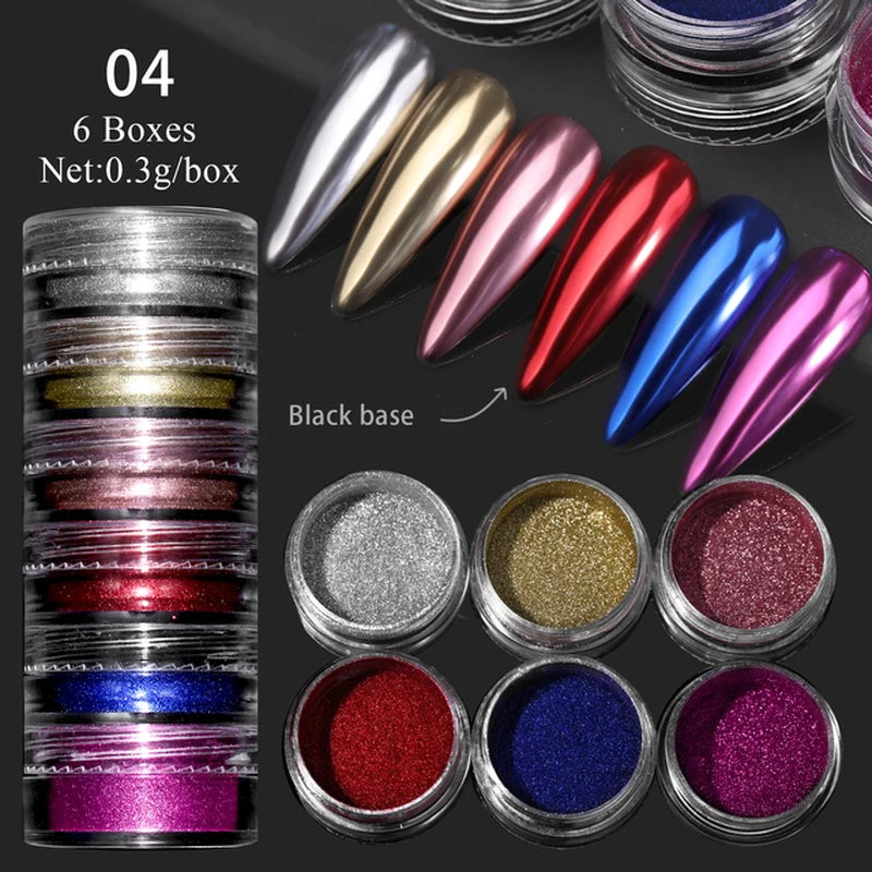 Pearl Nail Powder Mirror Nail Glitter Powder Metal Effect Pigment Colorful Fine Rubbing Dust Metallic Chrome Manicure 6 Box/Set