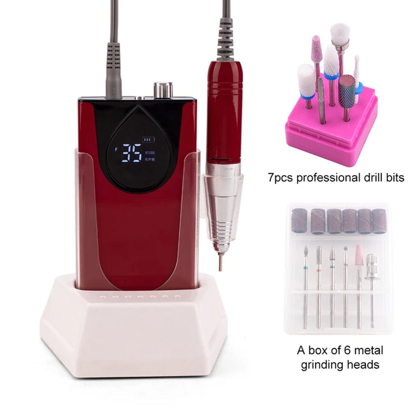 Professional Electric Manicure Nail Drill Machine 35000 RPM Portable Rechargeable Cordless Efile Aluminum Alloy for Salon Use