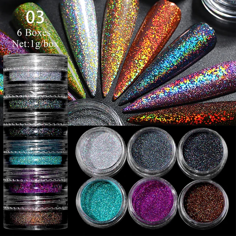 Pearl Nail Powder Mirror Nail Glitter Powder Metal Effect Pigment Colorful Fine Rubbing Dust Metallic Chrome Manicure 6 Box/Set