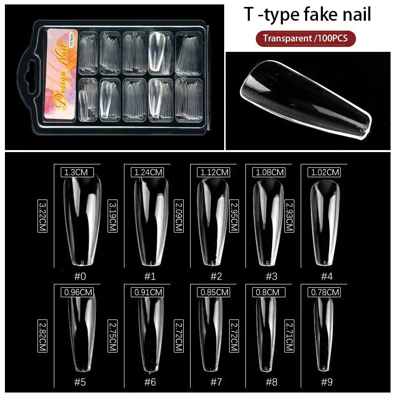Clear Transparent Seamless Fake Nails Full Coverage False Nails Tips Short T-Shaped 100Pcs/Box