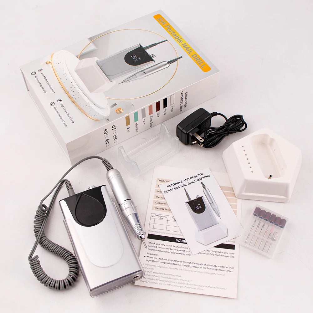 Professional Electric Manicure Nail Drill Machine 35000 RPM Portable Rechargeable Cordless Efile Aluminum Alloy for Salon Use