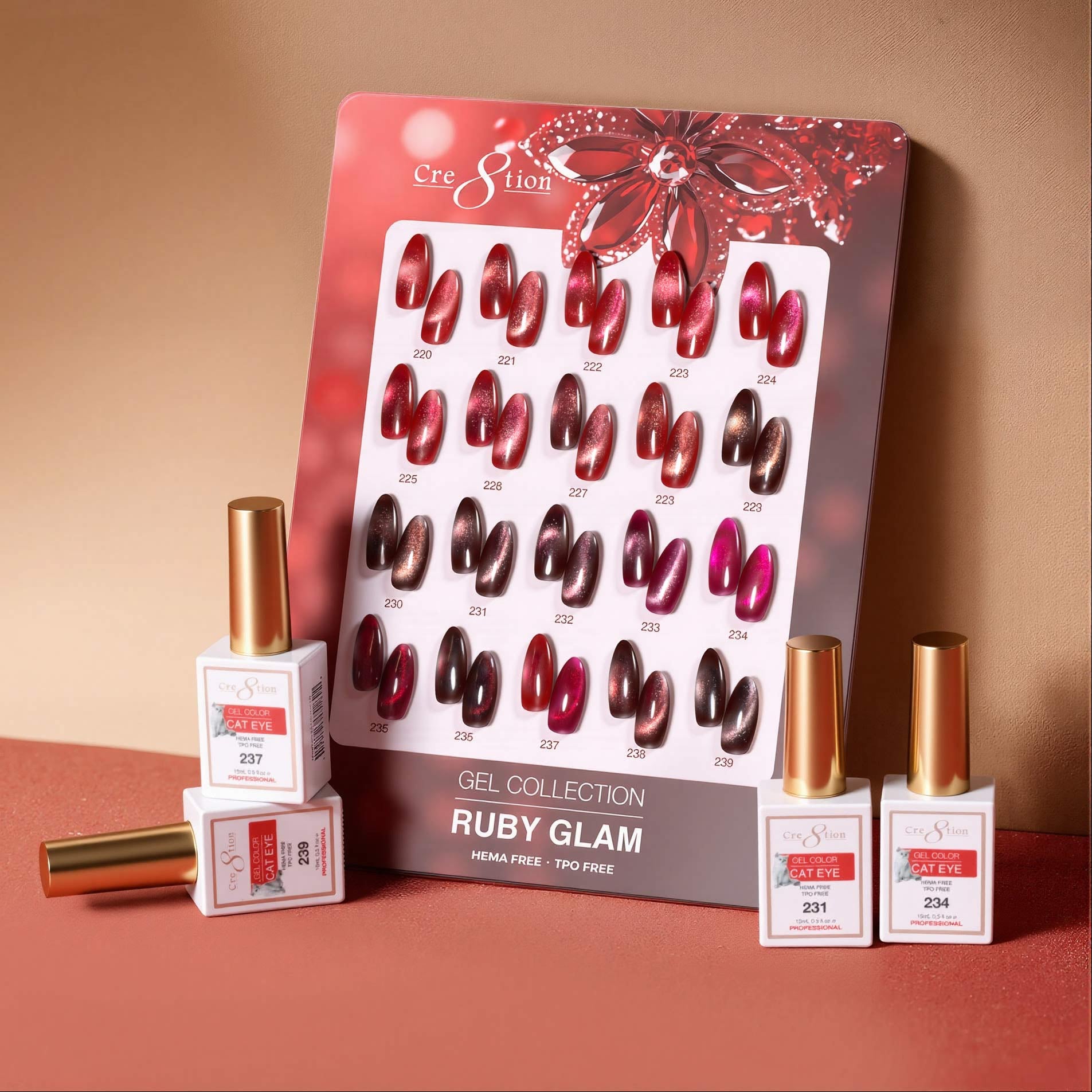 Cre8tion Cat Eye Gel Ruby Glam Collection Spring 2026 - 20 Colors (#220 - #239) 0.5oz with Counter Display & 2 Magnet Tools