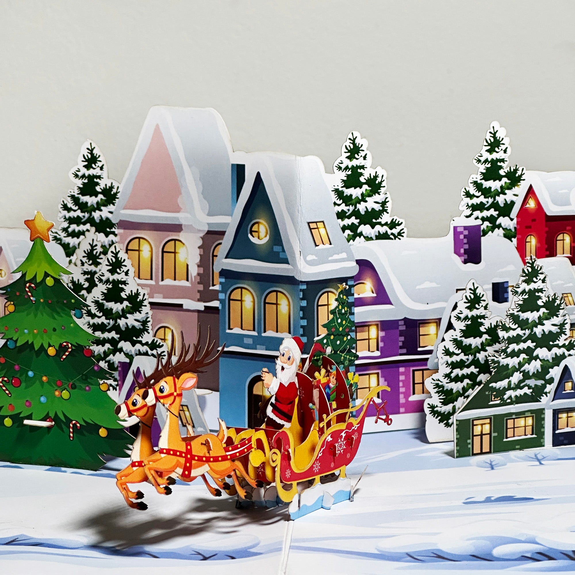 Merry Christmas Pop Up Greeting Card Santa Claus Christmas Town Sleight Card Reindeers Santa Card Winter Card Gift for Christmas Town Vibes