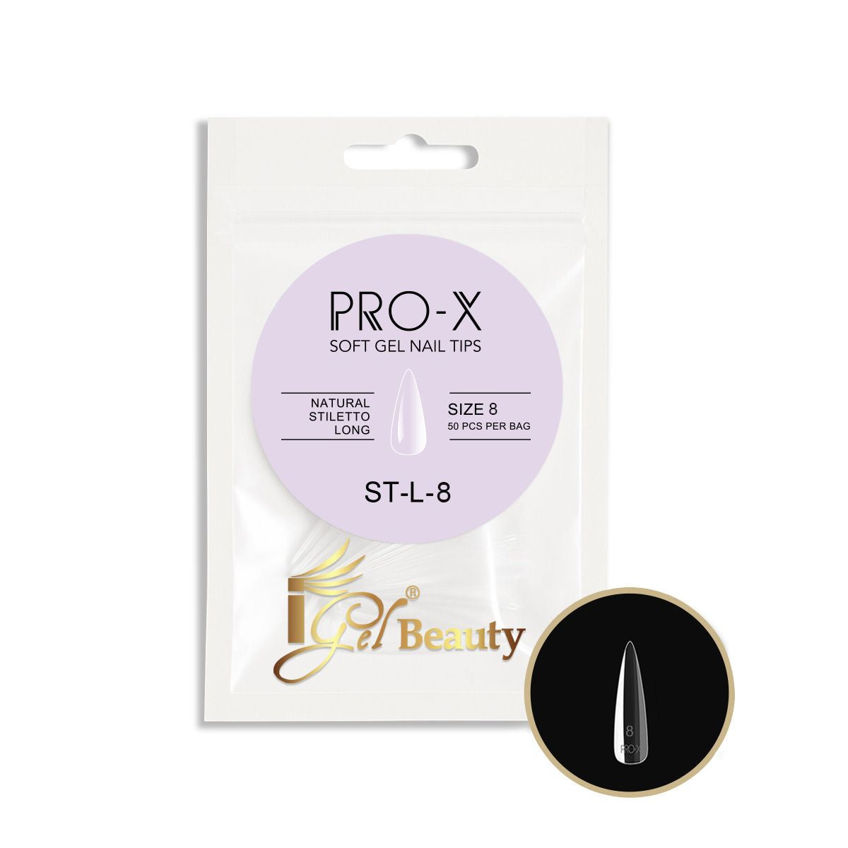 iGel PRO-X Soft Gel Nail Tips 09 - Natural Stiletto Long Size 00-9 (Refill Bag)