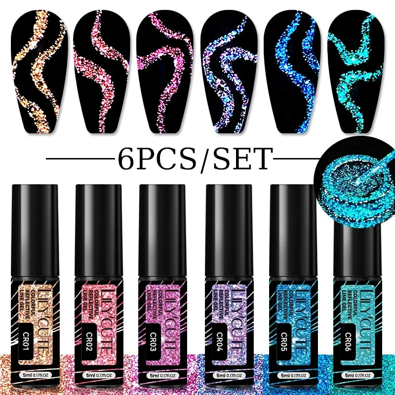 Colorful Reflective Glitter Nail Art Liner Gel Nail Kit Sparkling Painting Set 6pcs