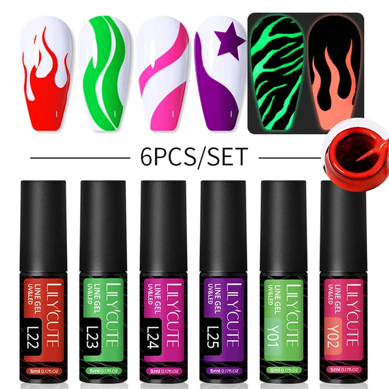 Colorful Reflective Glitter Nail Art Liner Gel Nail Kit Sparkling Painting Set 6pcs