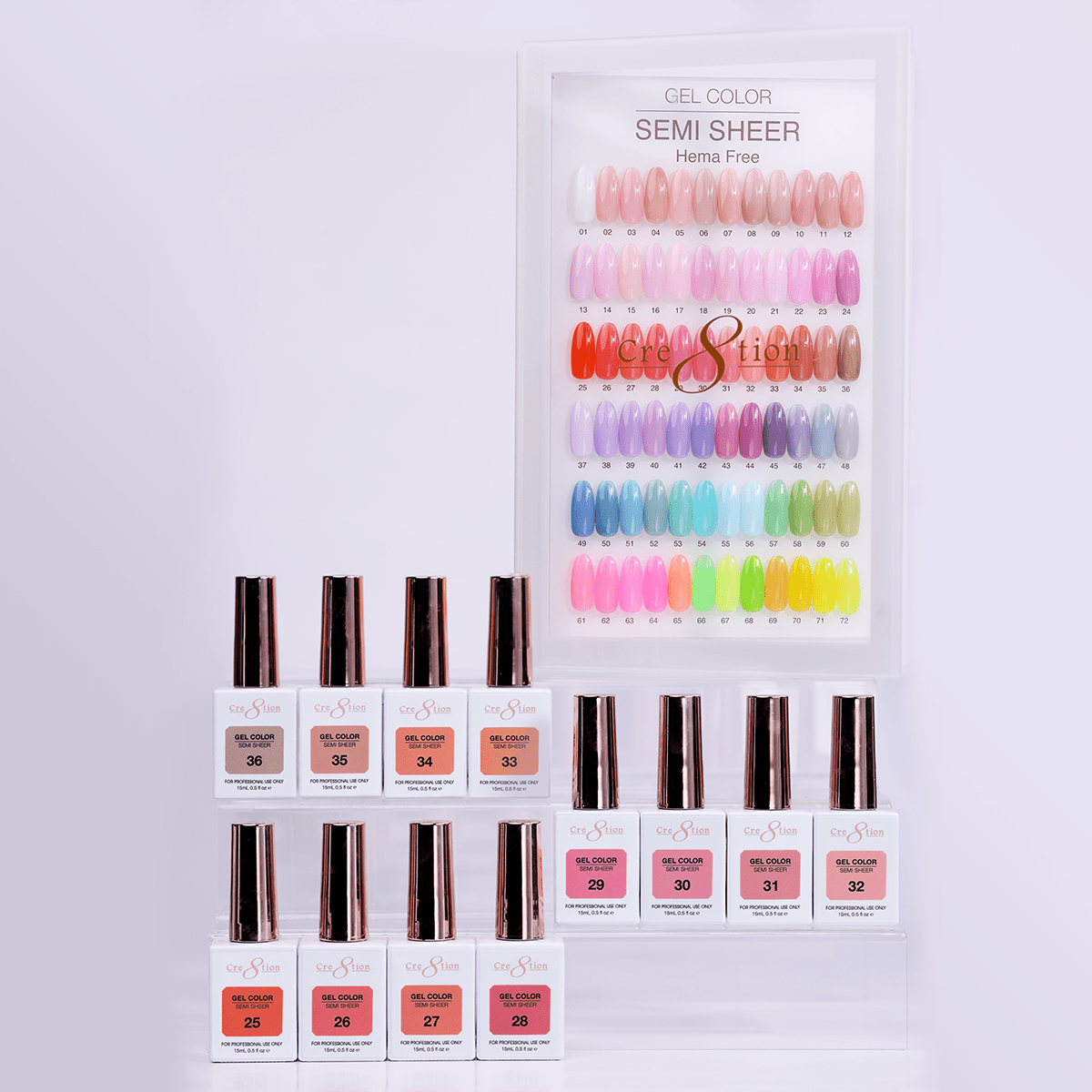 Cre8tion Hema Free Semi-Sheer Collection 0.5oz - Full Set 72 Colors w/ 1 Color Book & 1 Counter Color Chart