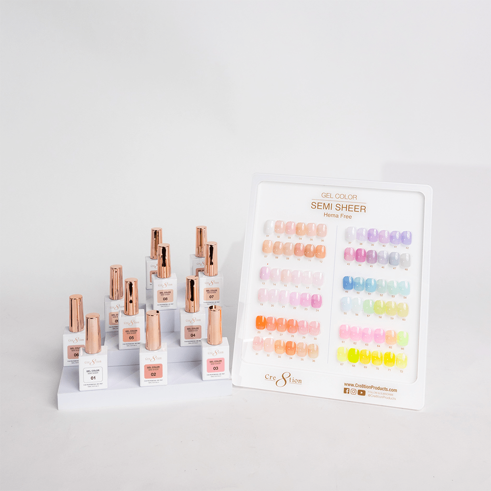 Cre8tion Hema Free Semi-Sheer Collection 0.5oz - Full Set 72 Colors w/ 1 Color Book & 1 Counter Color Chart