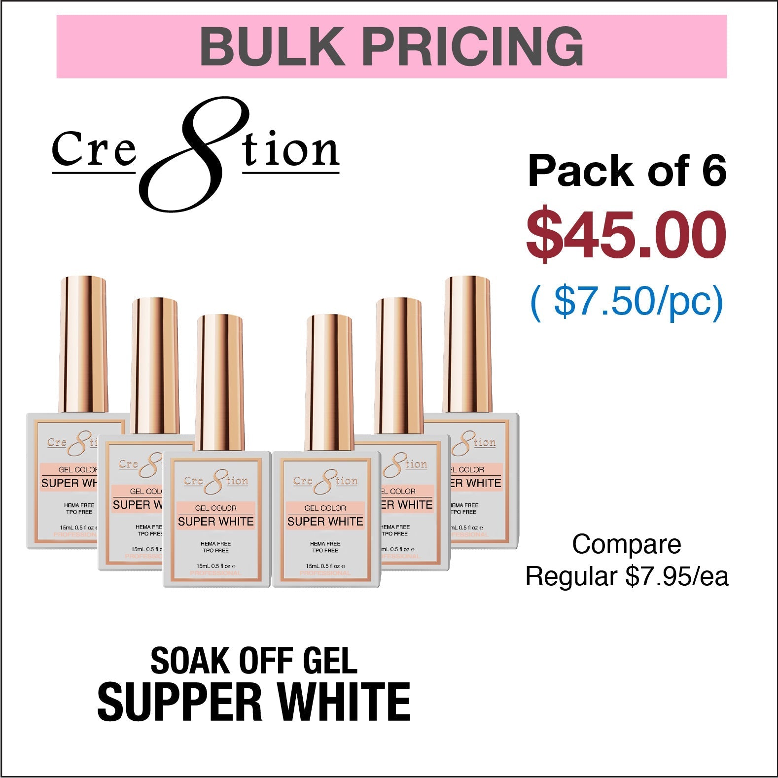 Cre8tion Soak Off Gel - Super White 0.5oz (HEMA/TPO Free)
