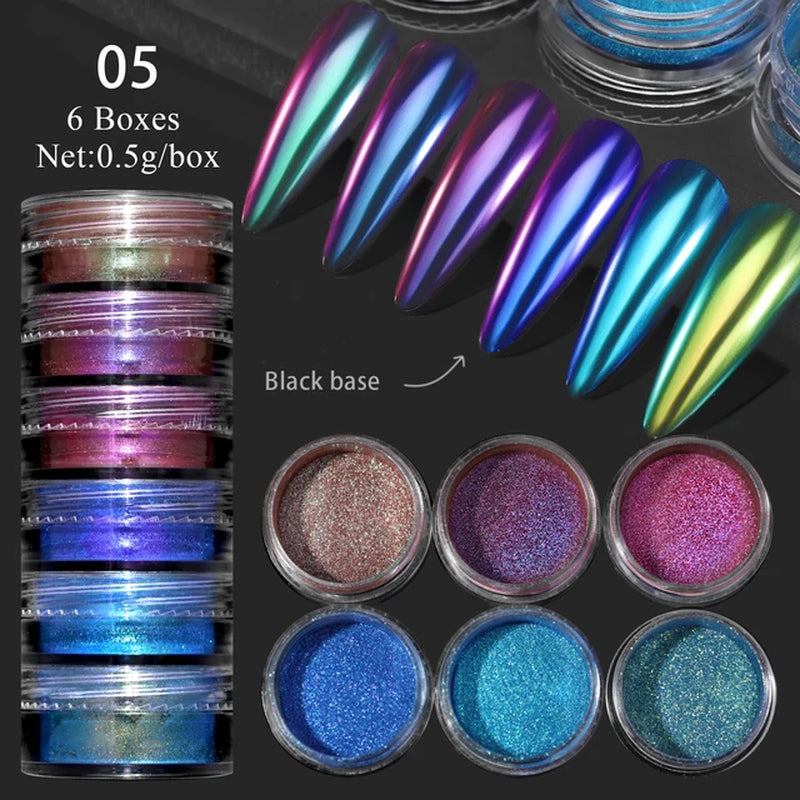 Pearl Nail Powder Mirror Nail Glitter Powder Metal Effect Pigment Colorful Fine Rubbing Dust Metallic Chrome Manicure 6 Box/Set