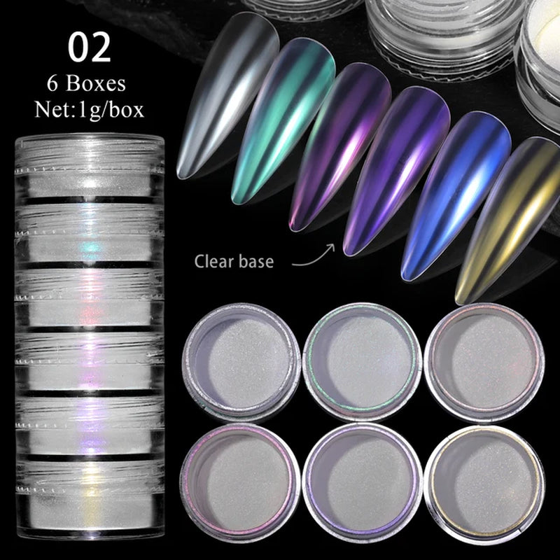 Pearl Nail Powder Mirror Nail Glitter Powder Metal Effect Pigment Colorful Fine Rubbing Dust Metallic Chrome Manicure 6 Box/Set