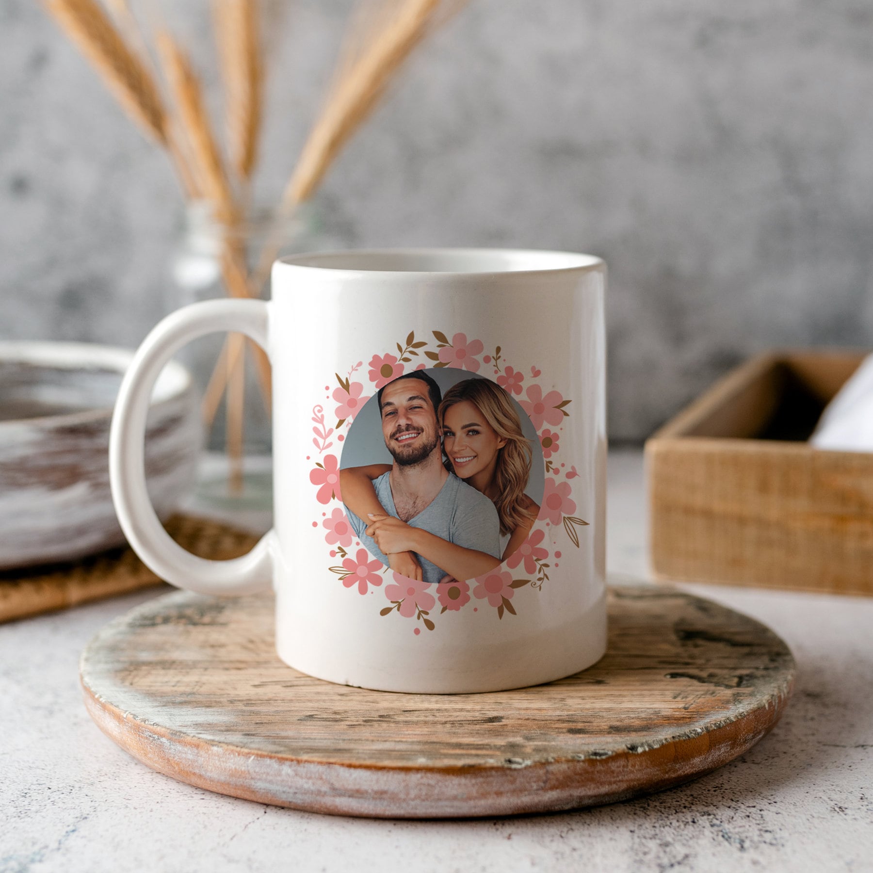 Personalized Custom Photo Coffee Mug with Floral Photo and Text Mom Mama Mum Husband Dad Father Wife Her Him Grandma Family Birthday Gift
