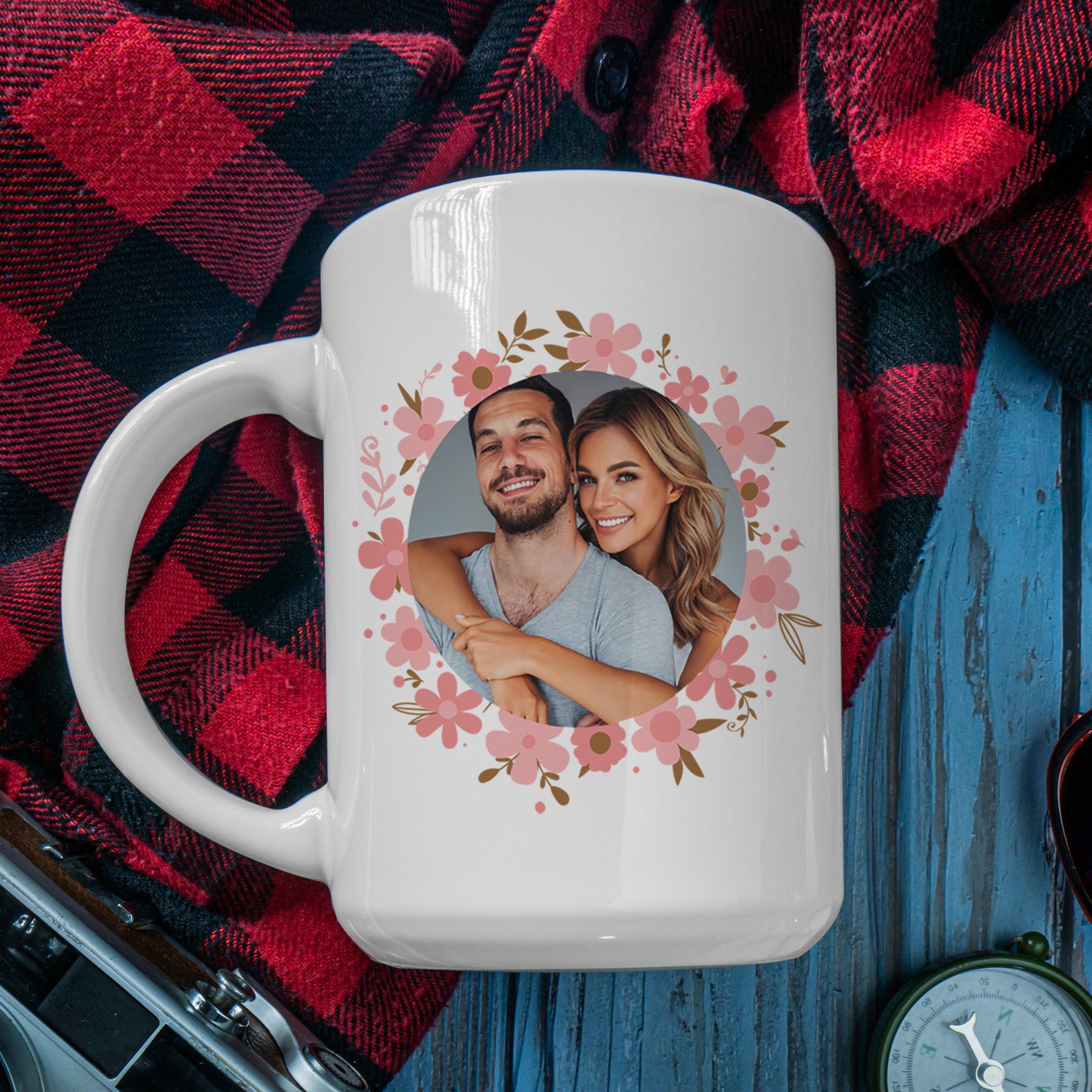 Personalized Custom Photo Coffee Mug with Floral Photo and Text Mom Mama Mum Husband Dad Father Wife Her Him Grandma Family Birthday Gift