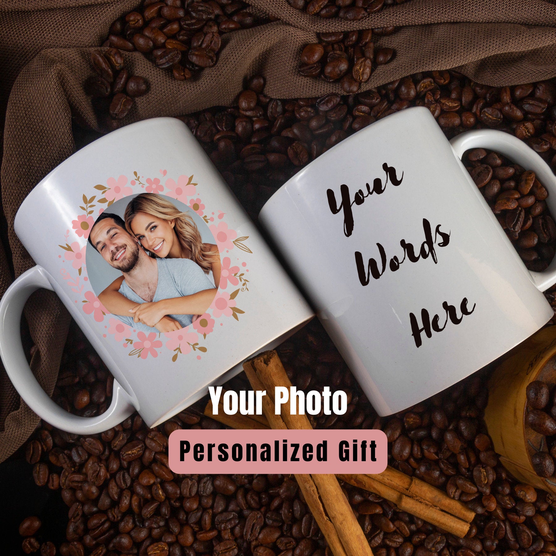 Personalized Custom Photo Coffee Mug with Floral Photo and Text Mom Mama Mum Husband Dad Father Wife Her Him Grandma Family Birthday Gift