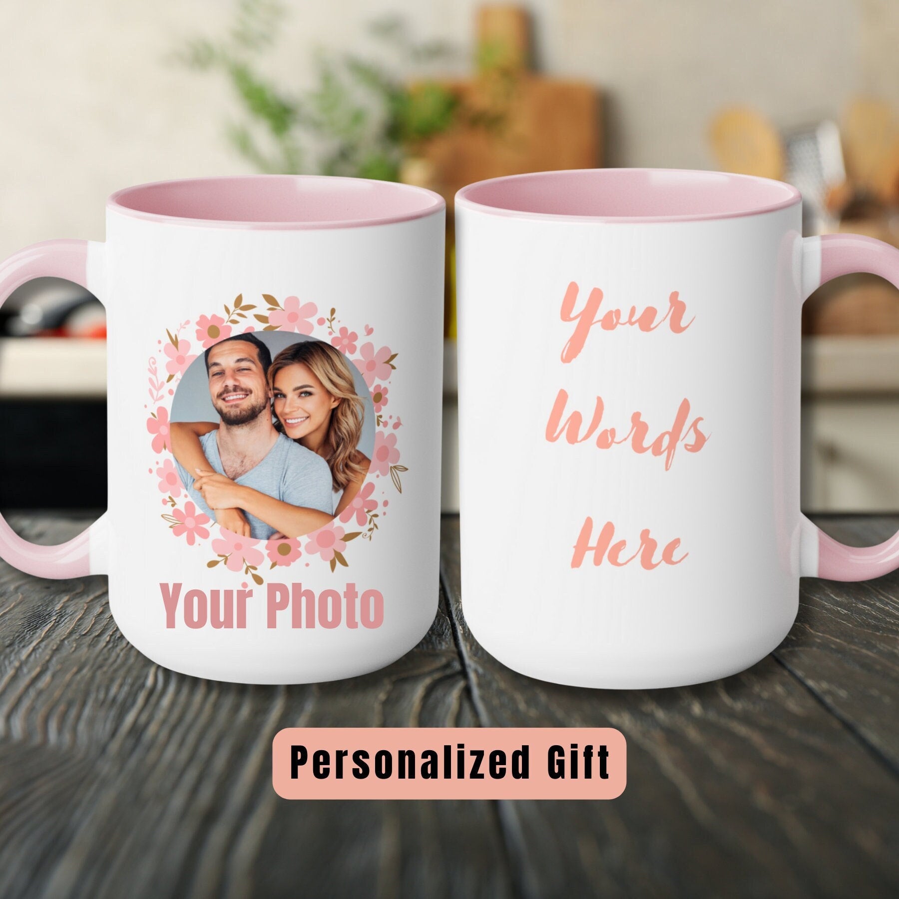 Personalized Custom Photo Coffee Mug with Floral Photo and Text Mom Mama Mum Husband Dad Father Wife Her Him Grandma Family Birthday Gift