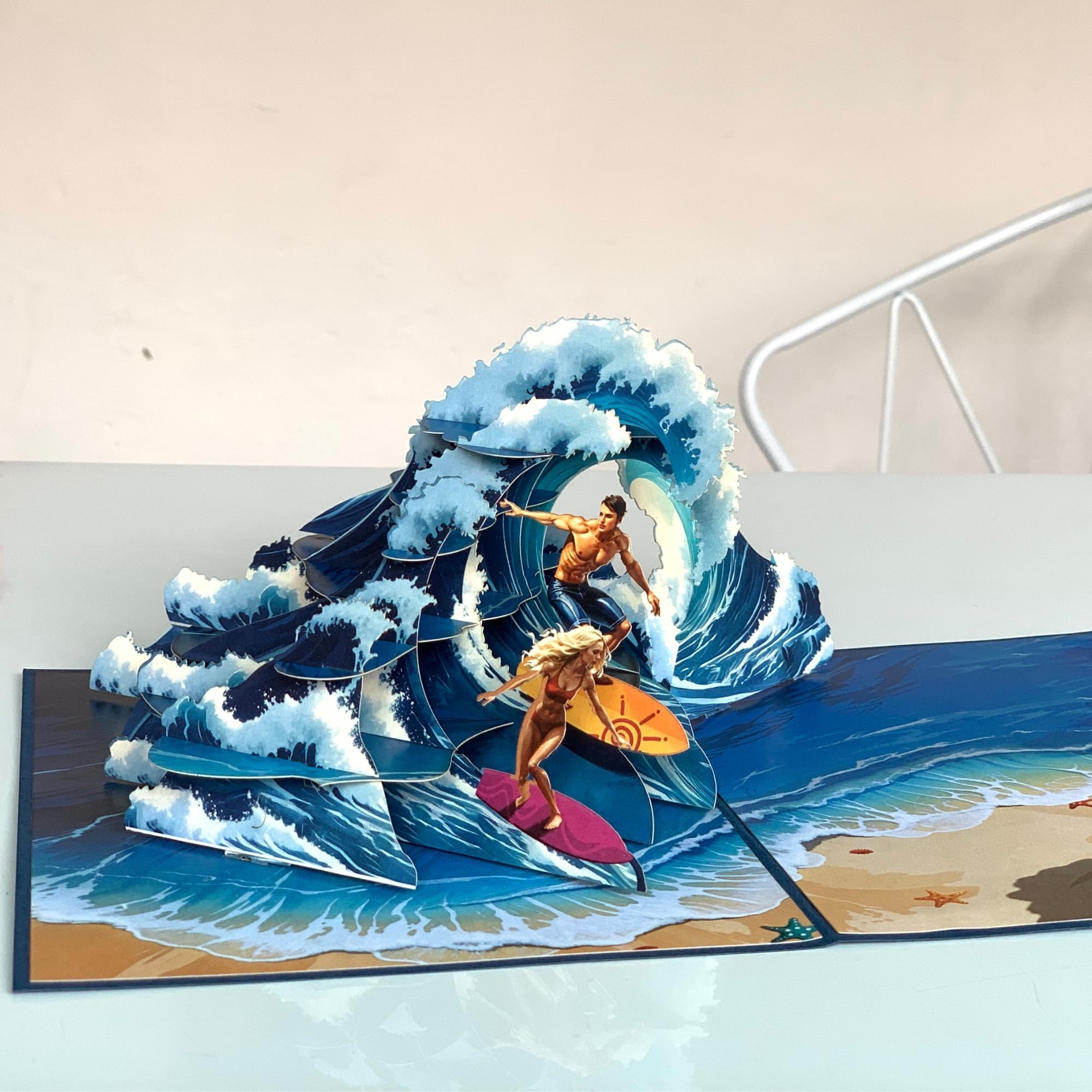 Pop Up Greeting Card, Surfing Card, Thank You card, Birthday Gift, Love Couple Surfing, Outdoor Card, Nature Card, Gift for Him Gift for Her