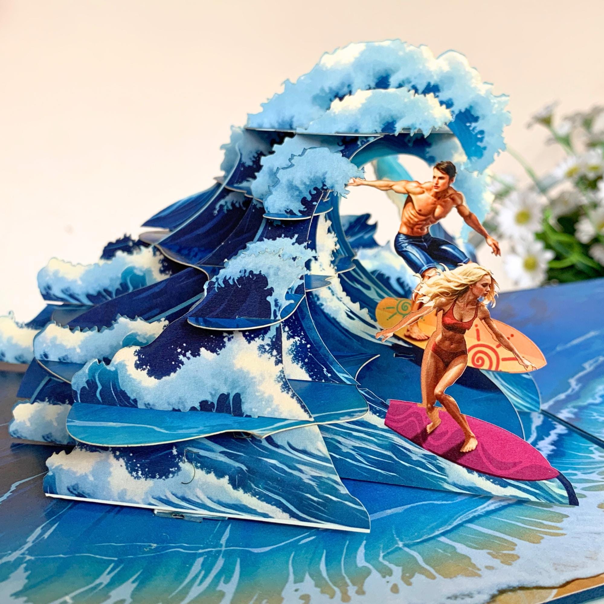 Pop Up Greeting Card, Surfing Card, Thank You card, Birthday Gift, Love Couple Surfing, Outdoor Card, Nature Card, Gift for Him Gift for Her