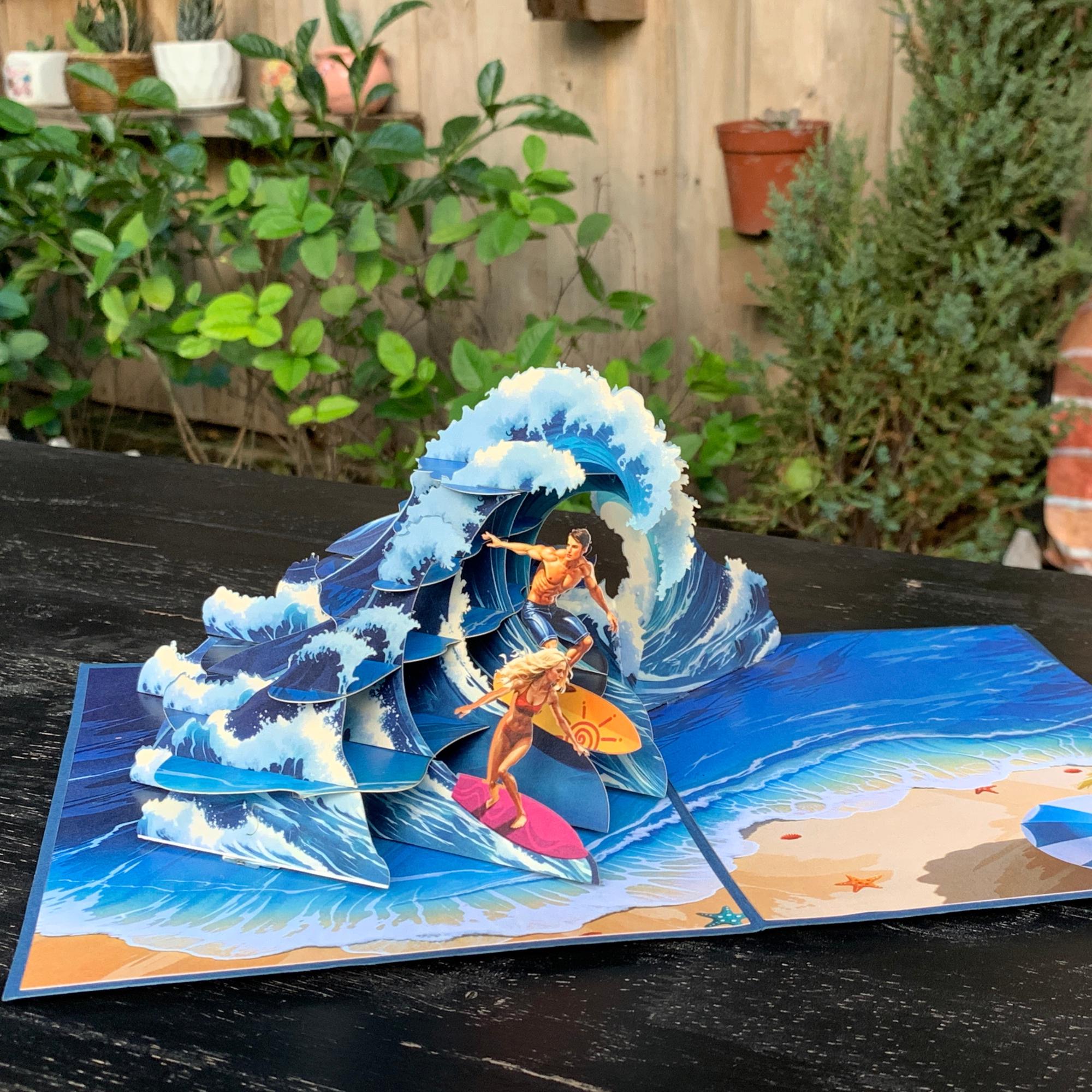 Pop Up Greeting Card, Surfing Card, Thank You card, Birthday Gift, Love Couple Surfing, Outdoor Card, Nature Card, Gift for Him Gift for Her