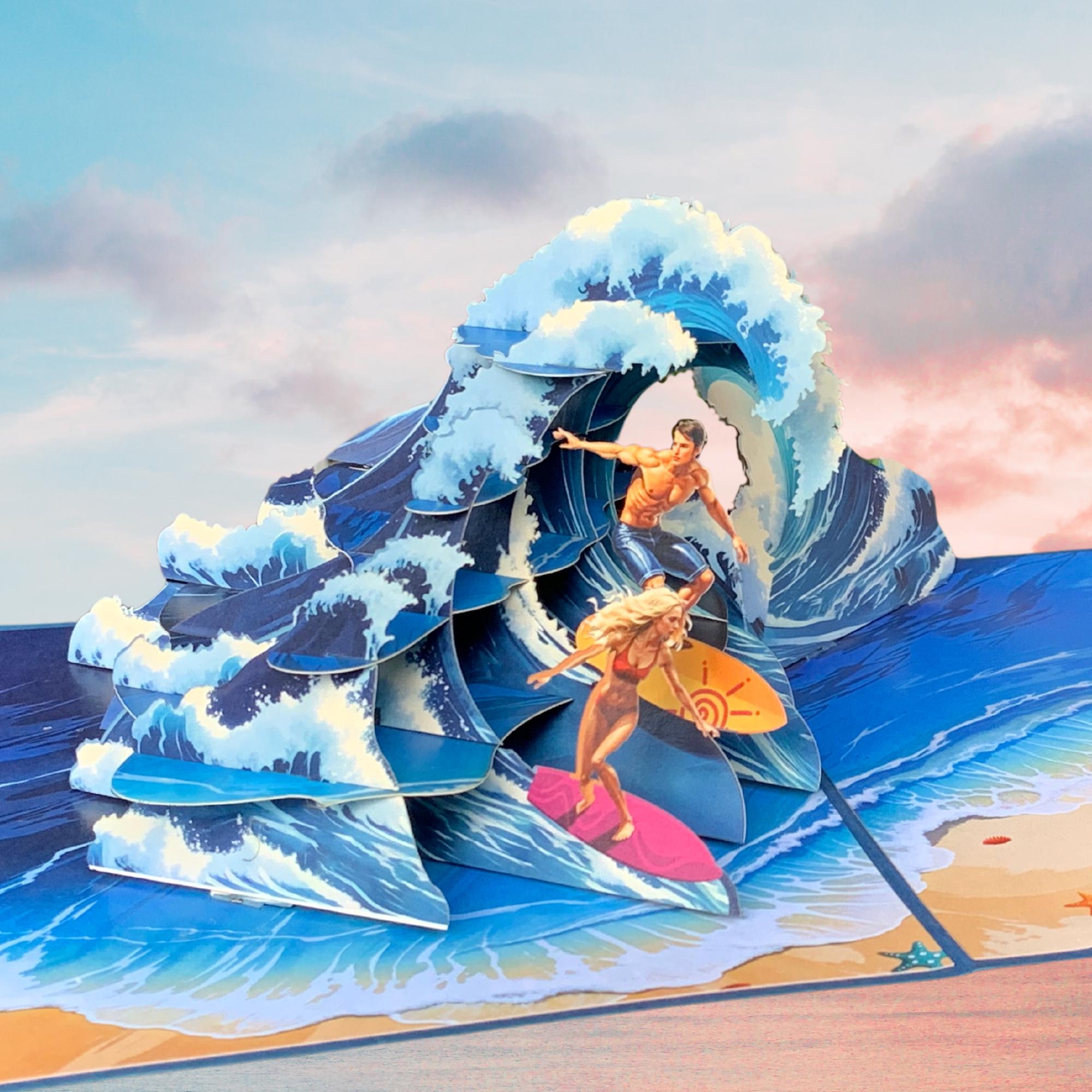 Pop Up Greeting Card, Surfing Card, Thank You card, Birthday Gift, Love Couple Surfing, Outdoor Card, Nature Card, Gift for Him Gift for Her