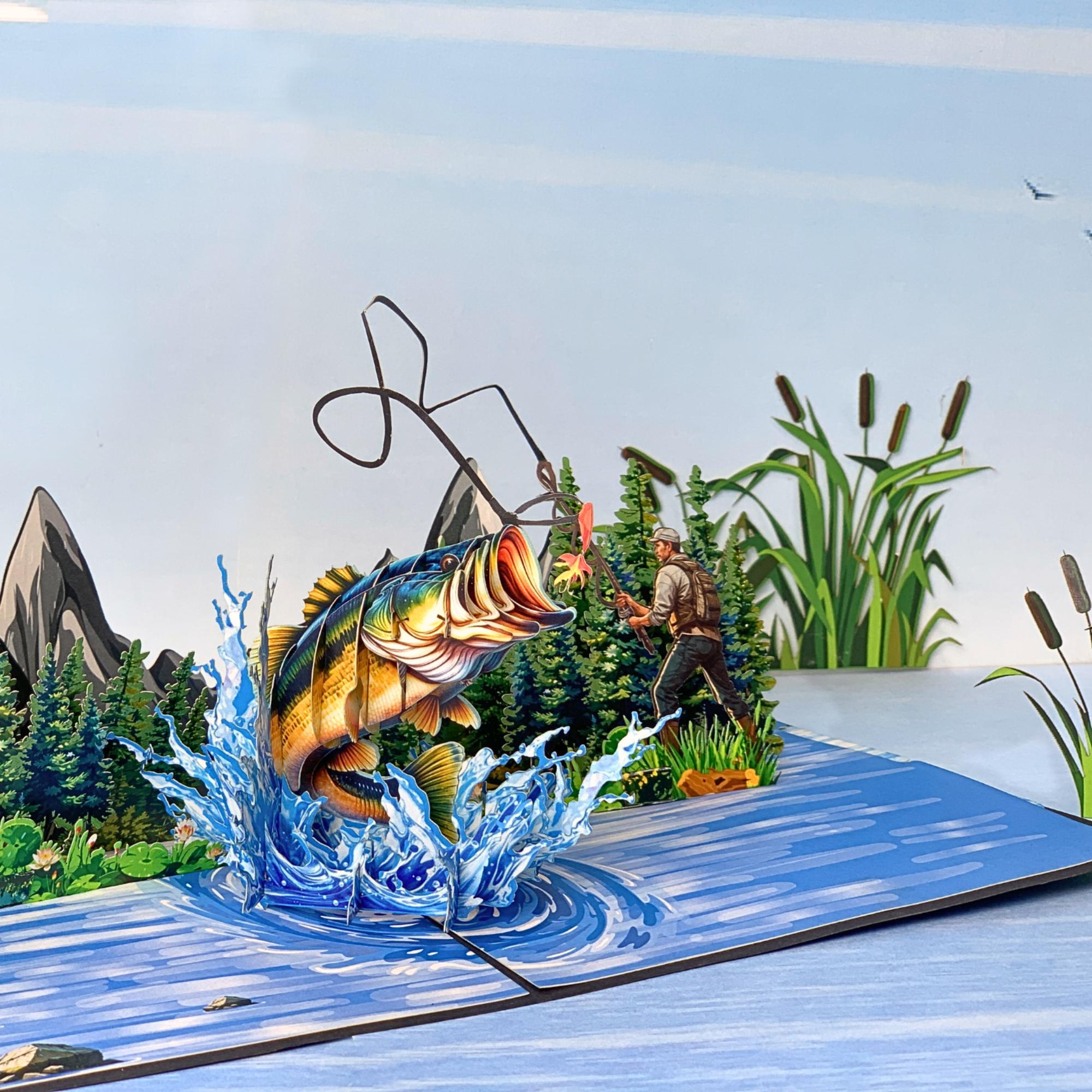 Pop Up Greeting Card, Fishing Gift, Bass Fishing, Father's Day Card, Fisher Men Card, Birthday Card, Outdoor Card, Thank You Card, Fishing