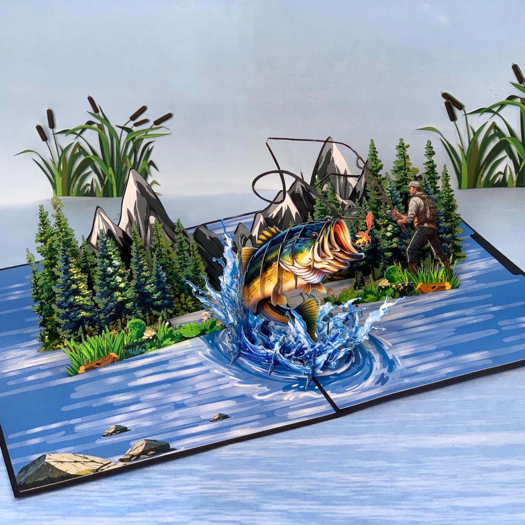 Pop Up Greeting Card, Fishing Gift, Bass Fishing, Father's Day Card, Fisher Men Card, Birthday Card, Outdoor Card, Thank You Card, Fishing