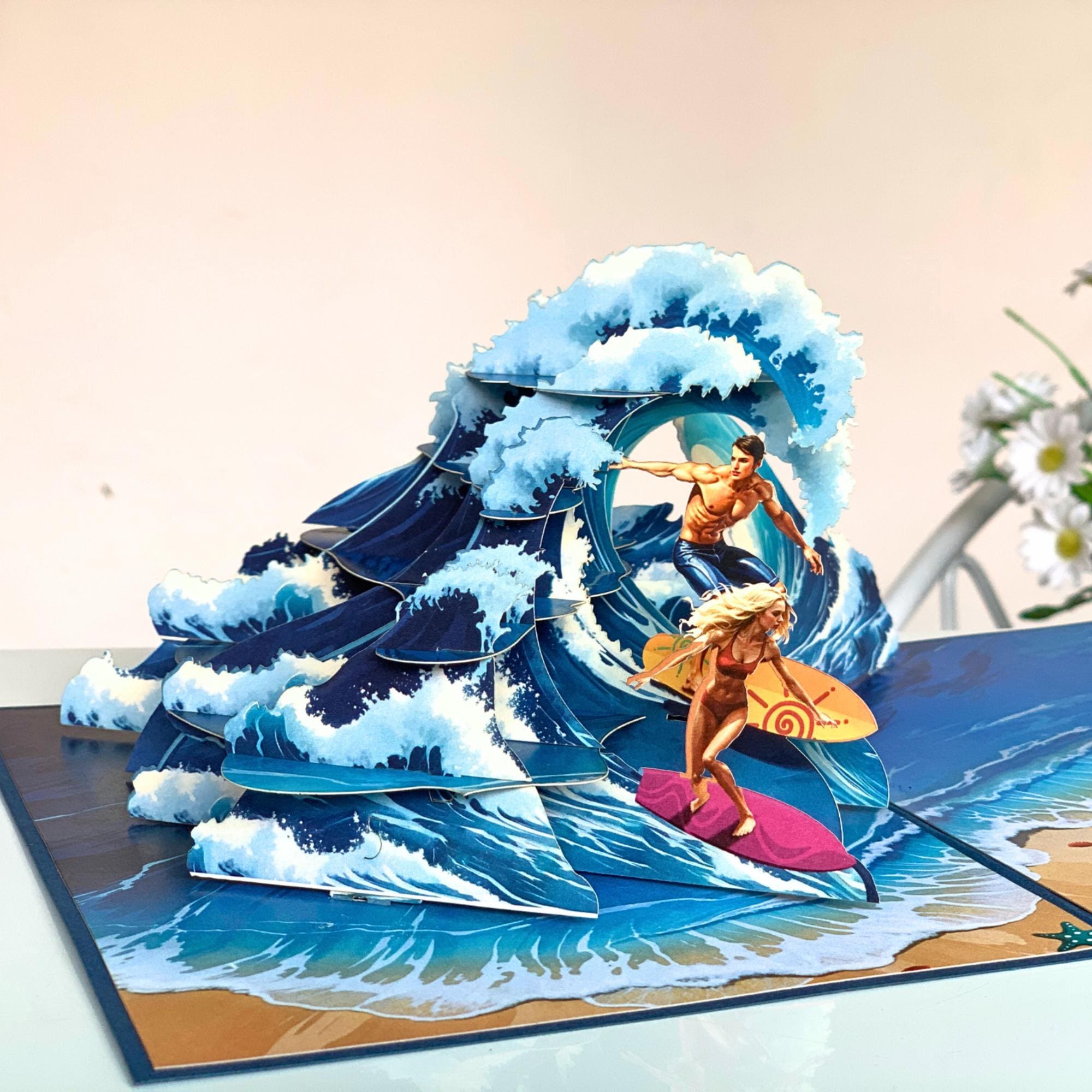 Pop Up Greeting Card, Surfing Card, Thank You card, Birthday Gift, Love Couple Surfing, Outdoor Card, Nature Card, Gift for Him Gift for Her