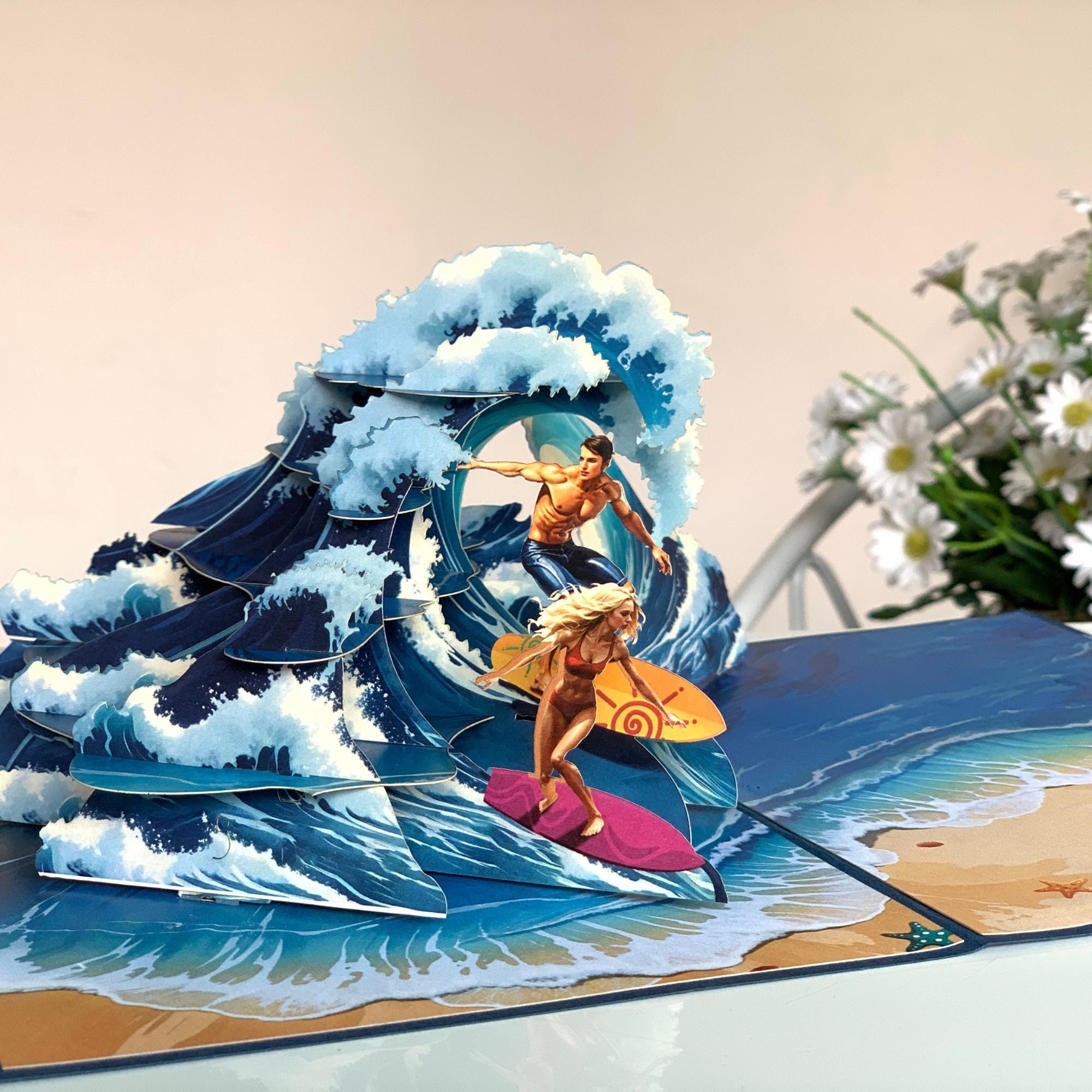 Pop Up Greeting Card, Surfing Card, Thank You card, Birthday Gift, Love Couple Surfing, Outdoor Card, Nature Card, Gift for Him Gift for Her