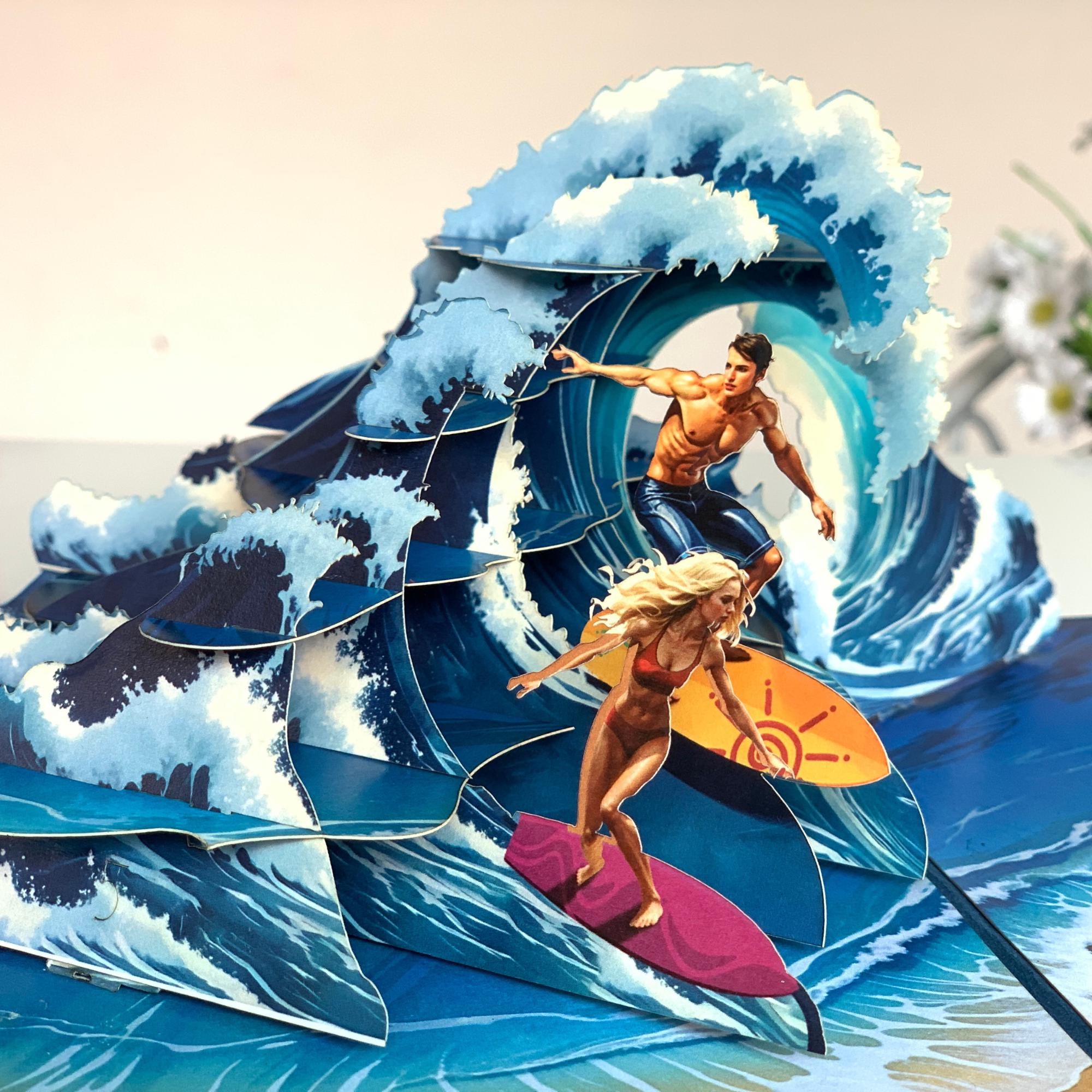 Pop Up Greeting Card, Surfing Card, Thank You card, Birthday Gift, Love Couple Surfing, Outdoor Card, Nature Card, Gift for Him Gift for Her