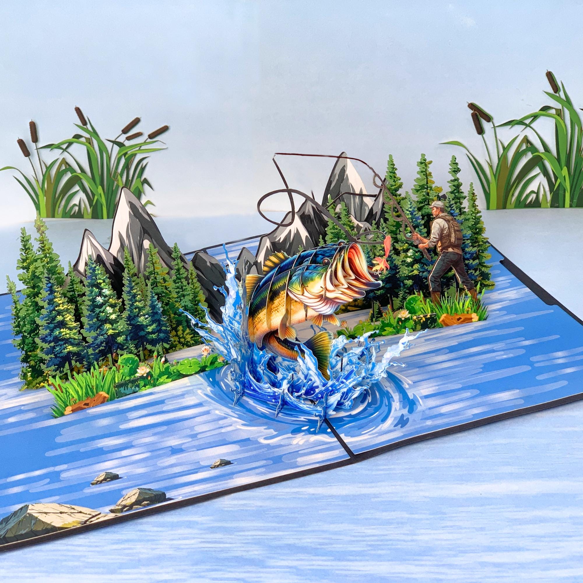 Pop Up Greeting Card, Fishing Gift, Bass Fishing, Father's Day Card, Fisher Men Card, Birthday Card, Outdoor Card, Thank You Card, Fishing