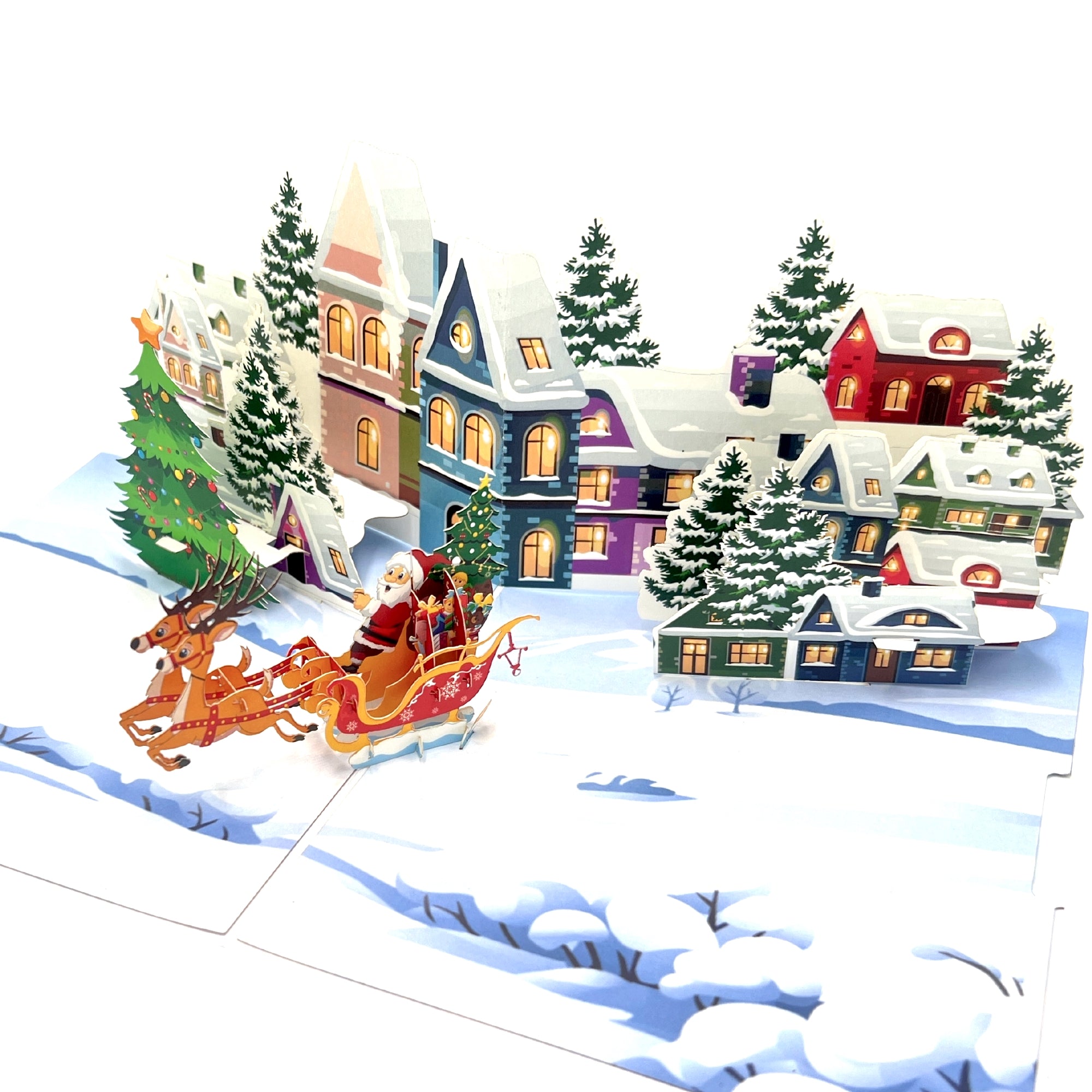 Merry Christmas Pop Up Greeting Card Santa Claus Christmas Town Sleight Card Reindeers Santa Card Winter Card Gift for Christmas Town Vibes
