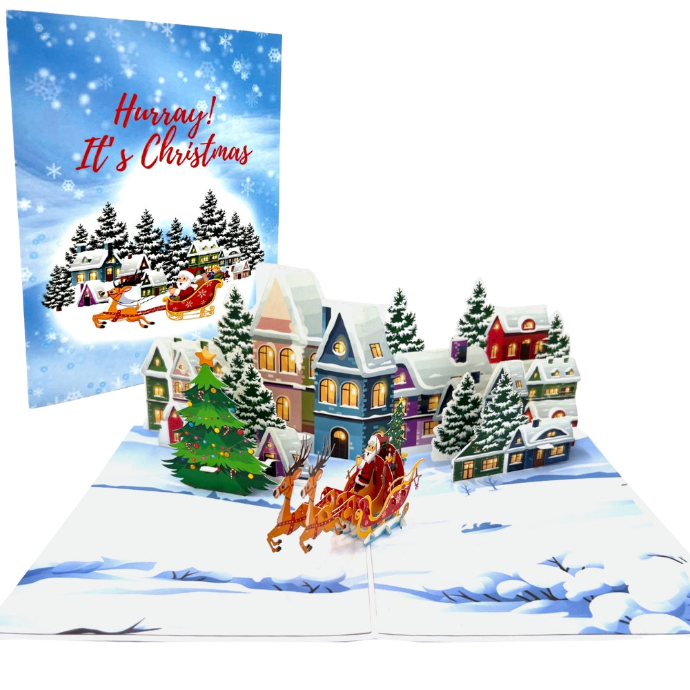 Merry Christmas Pop Up Greeting Card Santa Claus Christmas Town Sleight Card Reindeers Santa Card Winter Card Gift for Christmas Town Vibes