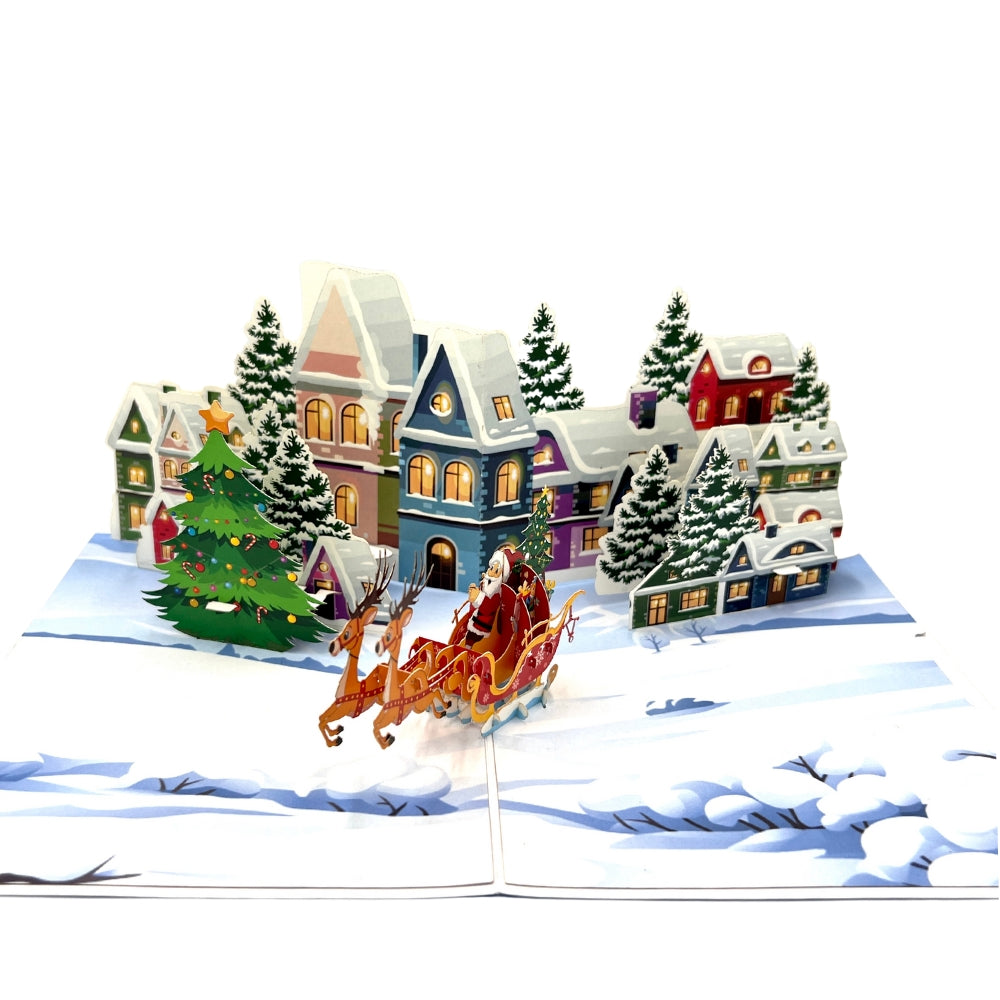 Merry Christmas Pop Up Greeting Card Santa Claus Christmas Town Sleight Card Reindeers Santa Card Winter Card Gift for Christmas Town Vibes