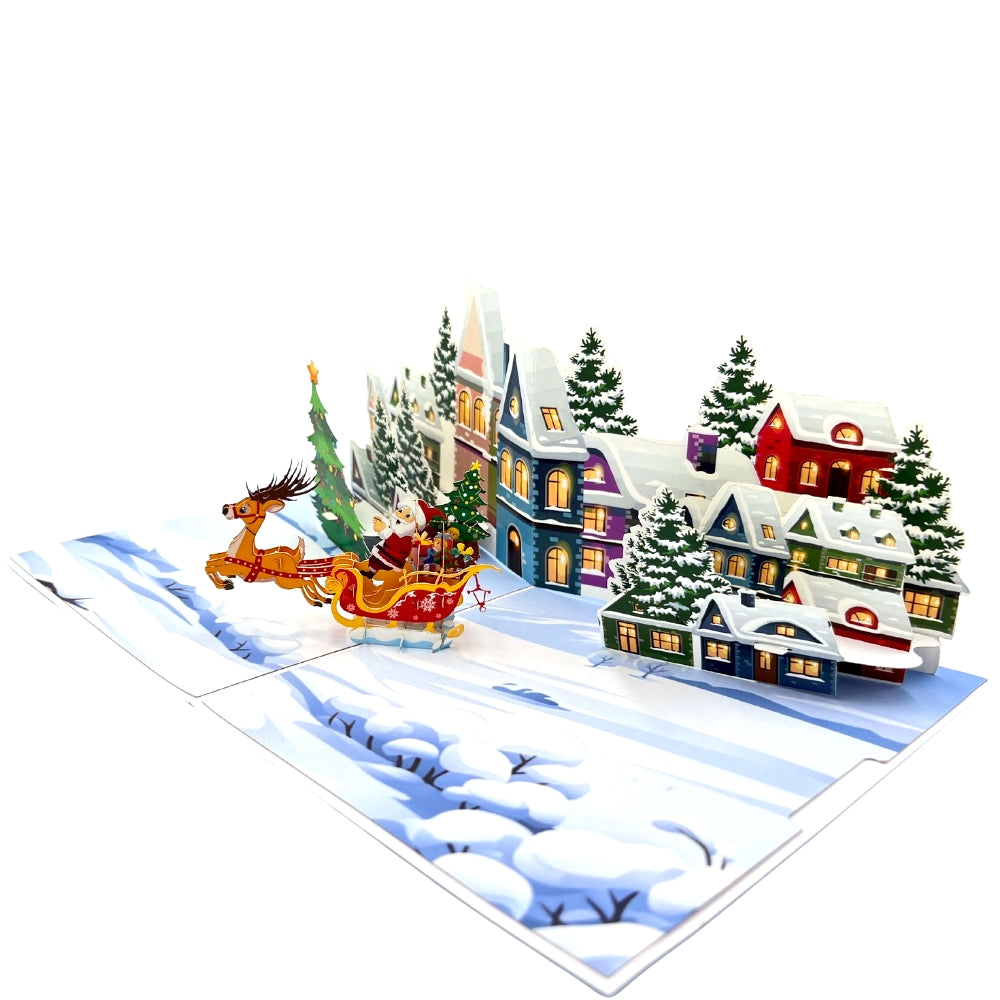 Merry Christmas Pop Up Greeting Card Santa Claus Christmas Town Sleight Card Reindeers Santa Card Winter Card Gift for Christmas Town Vibes