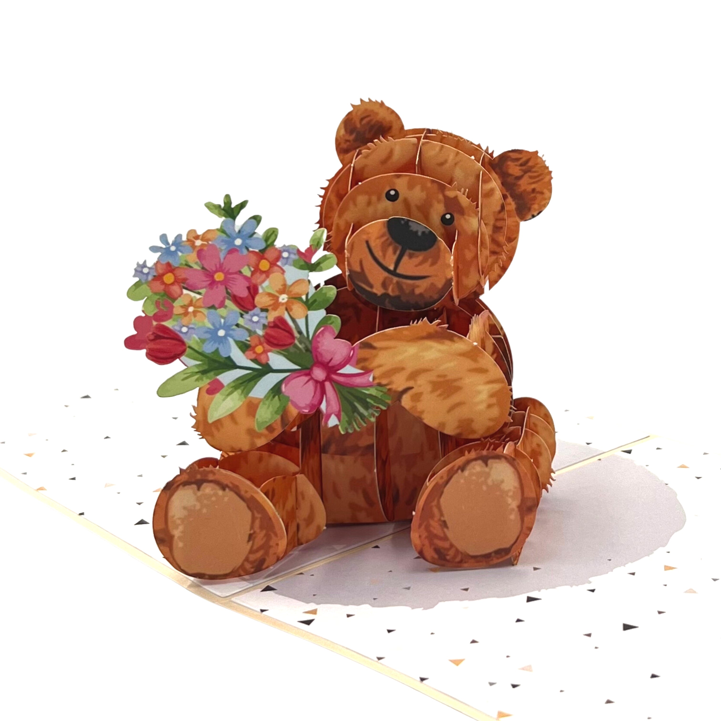 Pop Up Greeting Card Teddy Bear Hold Bouquet Flower Card Cartoon Animals Flower Birthday Thank You Card for Kid Mom Dad Family Friend Gift