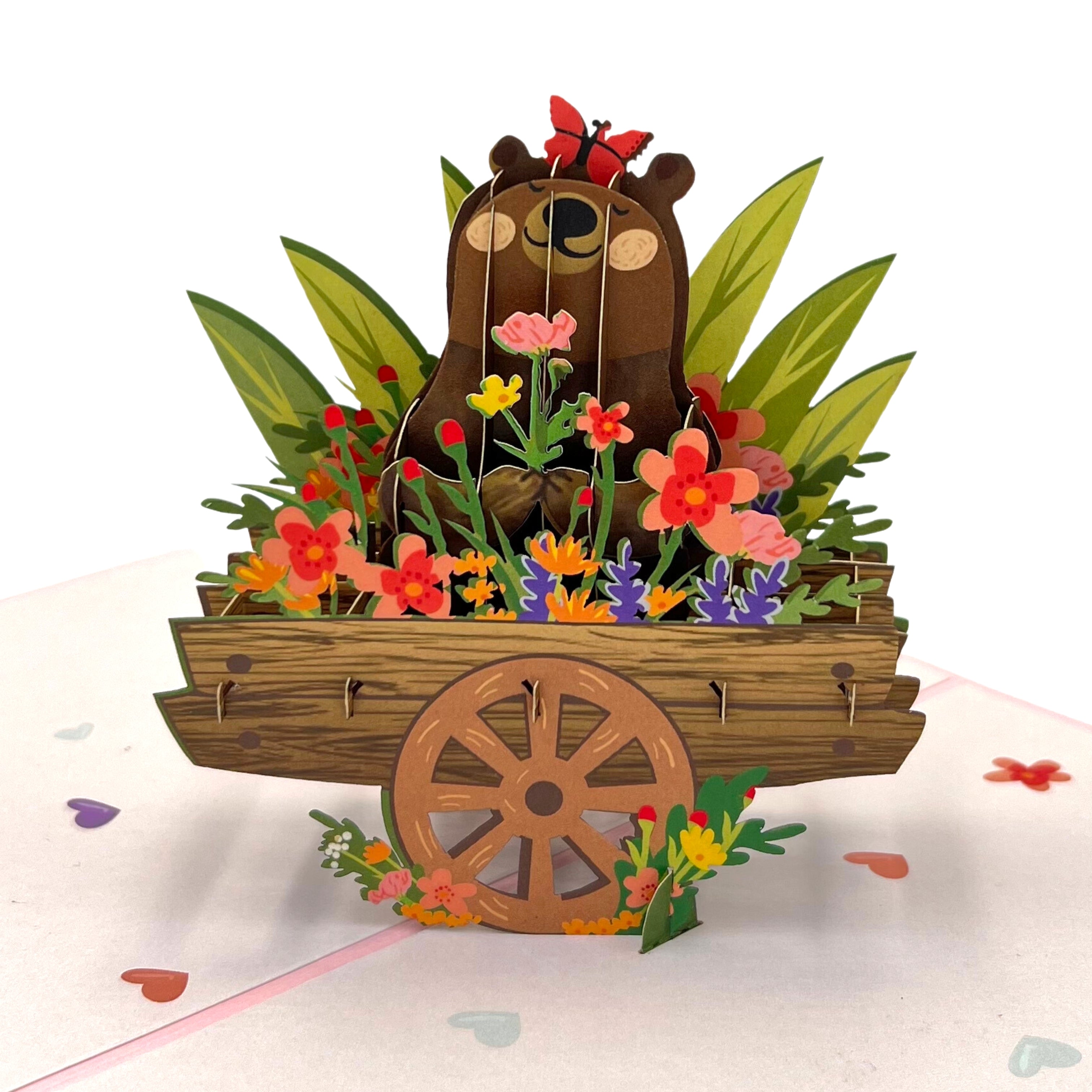 Pop Up Greeting Card Joyful Bear in Flower Gift Wooden Cart Nature Card Cartoon Card Birthday Thank You Gift Teddy Animal Botanic Garden