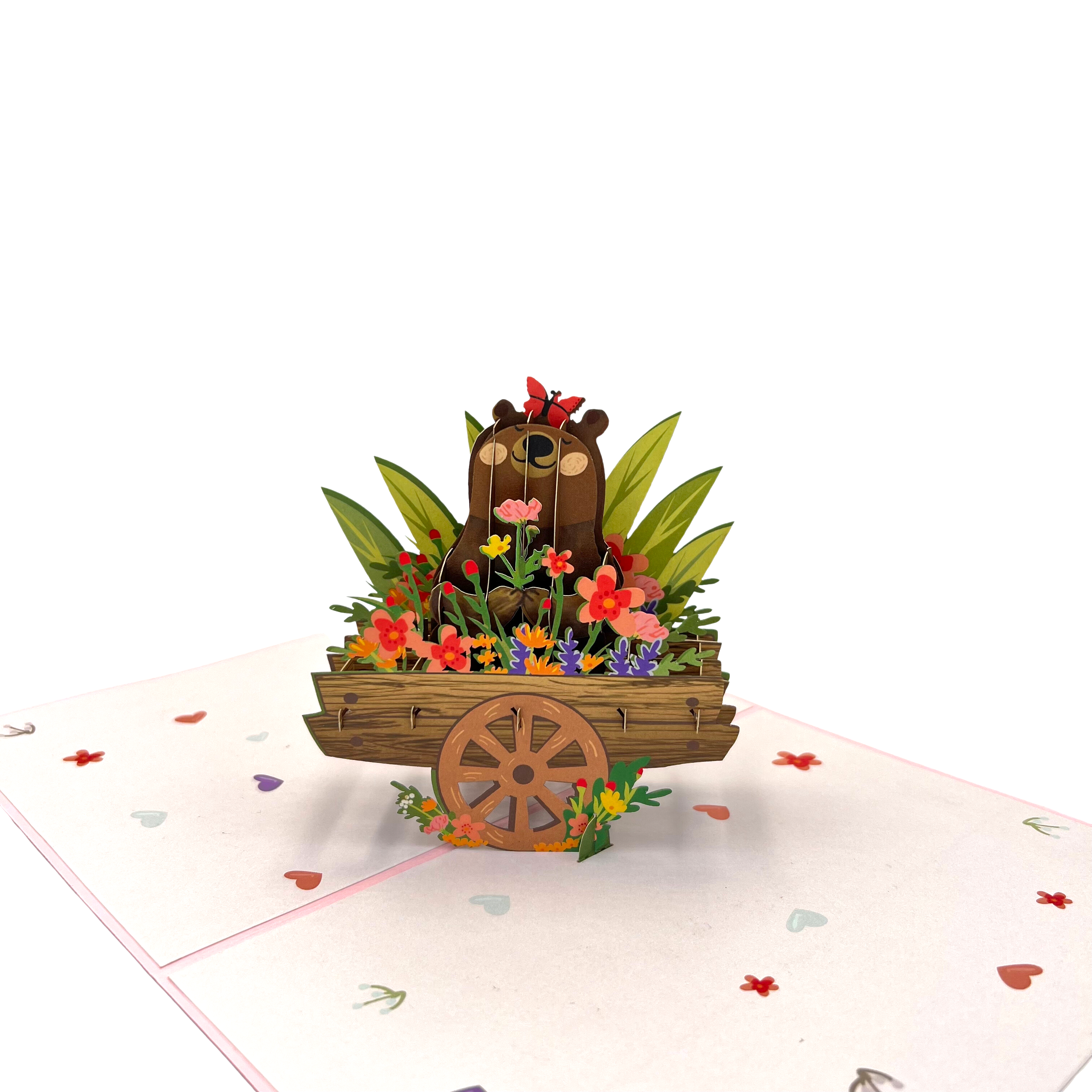 Pop Up Greeting Card Joyful Bear in Flower Gift Wooden Cart Nature Card Cartoon Card Birthday Thank You Gift Teddy Animal Botanic Garden