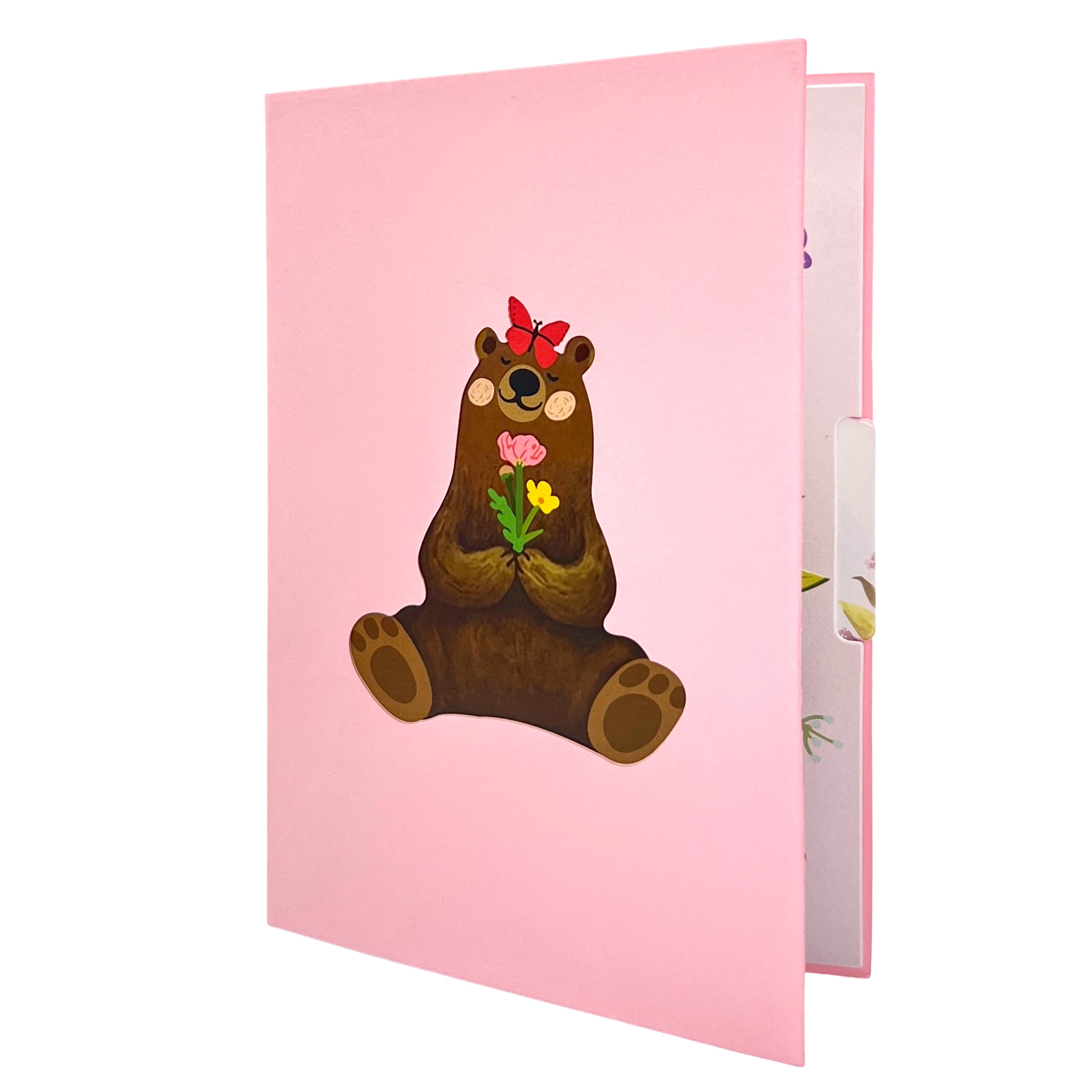 Pop Up Greeting Card Joyful Bear in Flower Gift Wooden Cart Nature Card Cartoon Card Birthday Thank You Gift Teddy Animal Botanic Garden