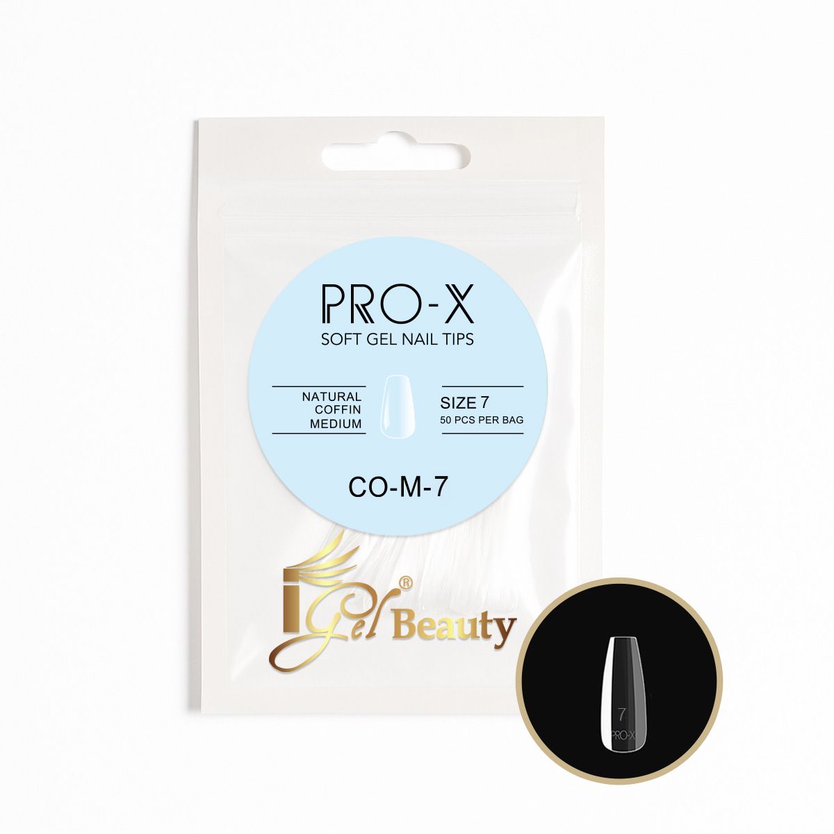 iGel PRO-X Soft Gel Nail Tips 14 - Natural Coffin Medium Size 00-9 (Refill Bag)