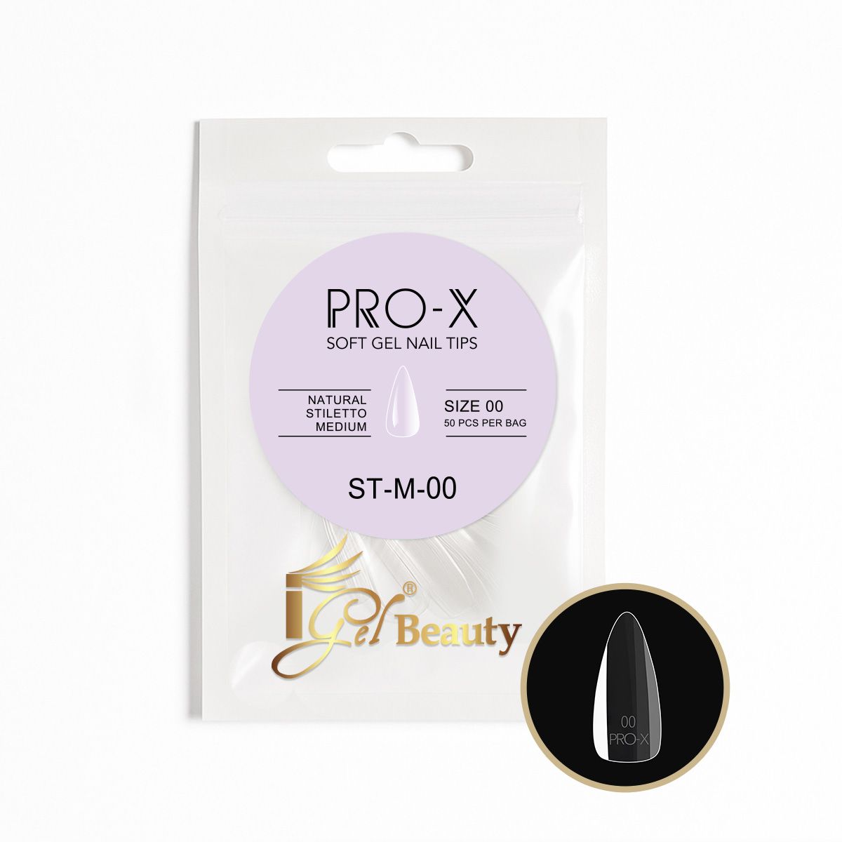 iGel PRO-X Soft Gel Nail Tips 08 - Natural Stiletto Medium Size 00-9 (Refill Bag)
