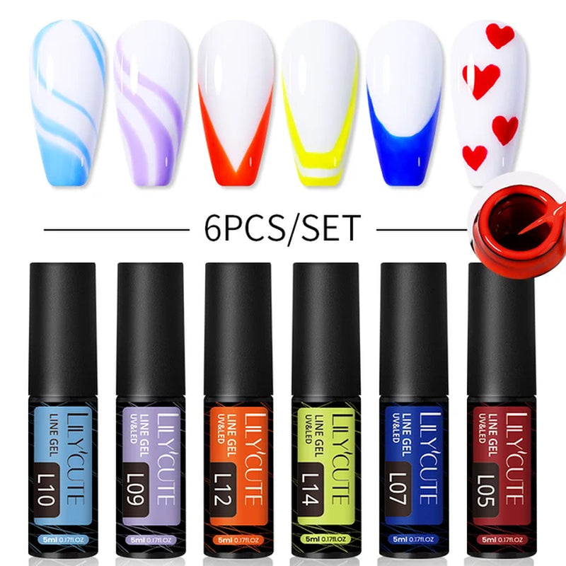 Colorful Reflective Glitter Nail Art Liner Gel Nail Kit Sparkling Painting Set 6pcs