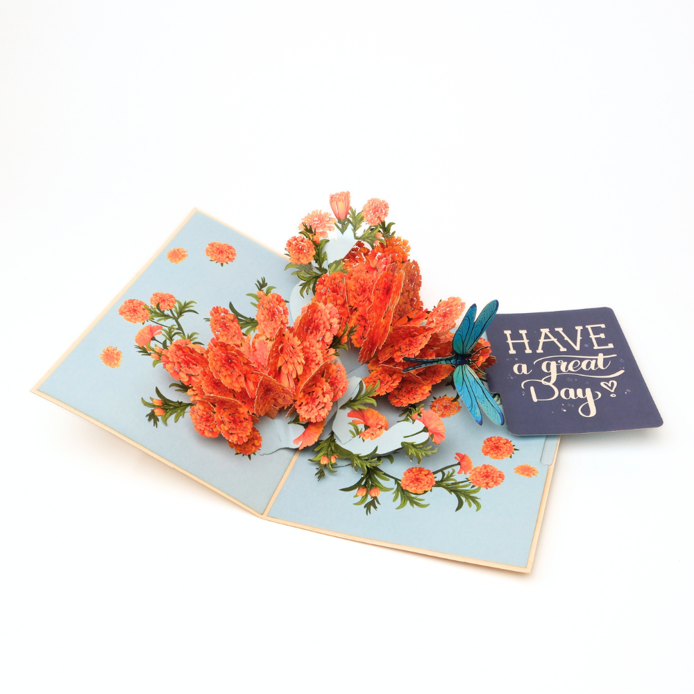 Pop Up Greeting Card Blooming Marigold Autumn Orange Fall Color October Birthday Flower Thank You Card Wild Flower Card Birthday Mom Gift