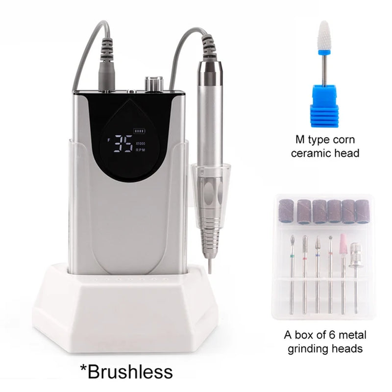 Brushless 35K Portable Nail Drill with Desktop Base Cordless Battery Drilling Machine Wireless 35000 RPM Handle Aluminum Alloy